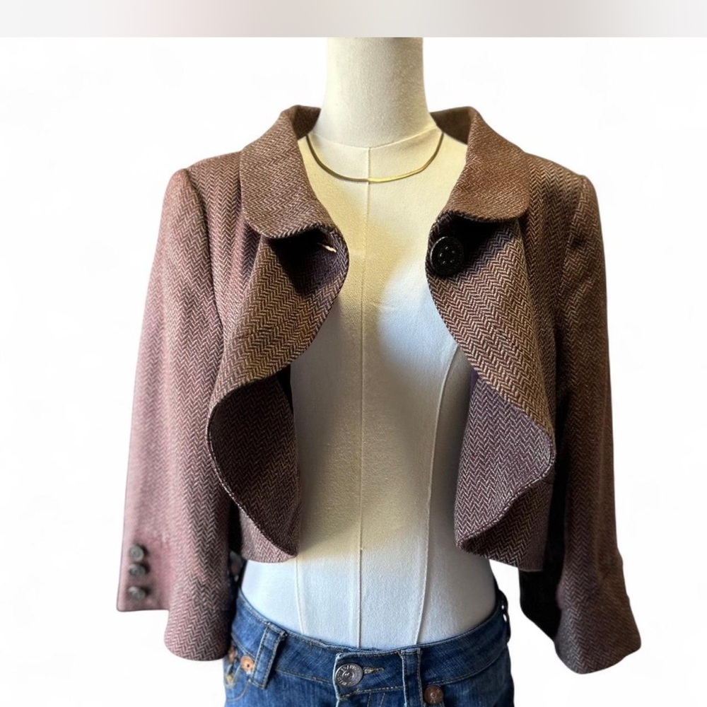 Y2K Short Blazer Bolero Swing Jacket in Burgundy Cream Herringbone Size Large - Picture 1 of 7